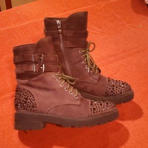 Olivia Miller Olive Army Green Suede Studded Combat Boots - Unique! Size 9